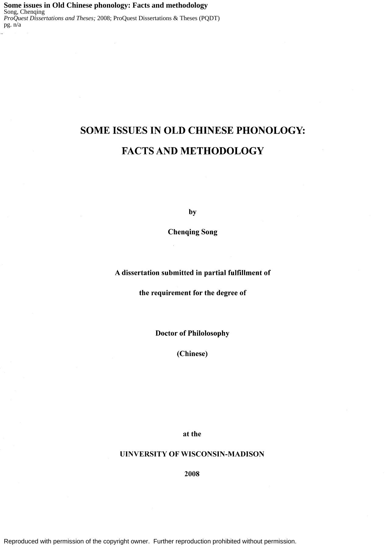 Some issues in Old Chinese phonology: Facts and Methodology by Chenqing Song