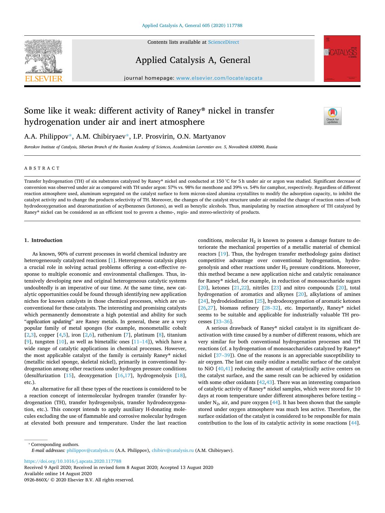 Some like it weak_ different activity of RaneyÂ® nickel in transfer hydrogenation under air and inert atmosphere by A.A. Philippov & A.M. Chibiryaev & I.P. Prosvirin & O.N. Martyanov