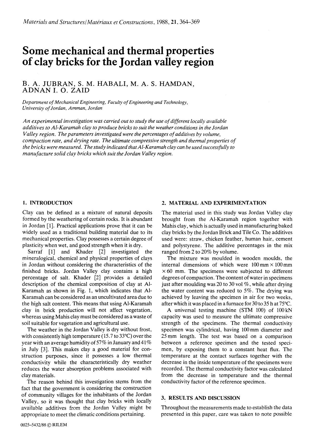 Some mechanical and thermal properties of clay bricks for the Jordan valley region by Unknown