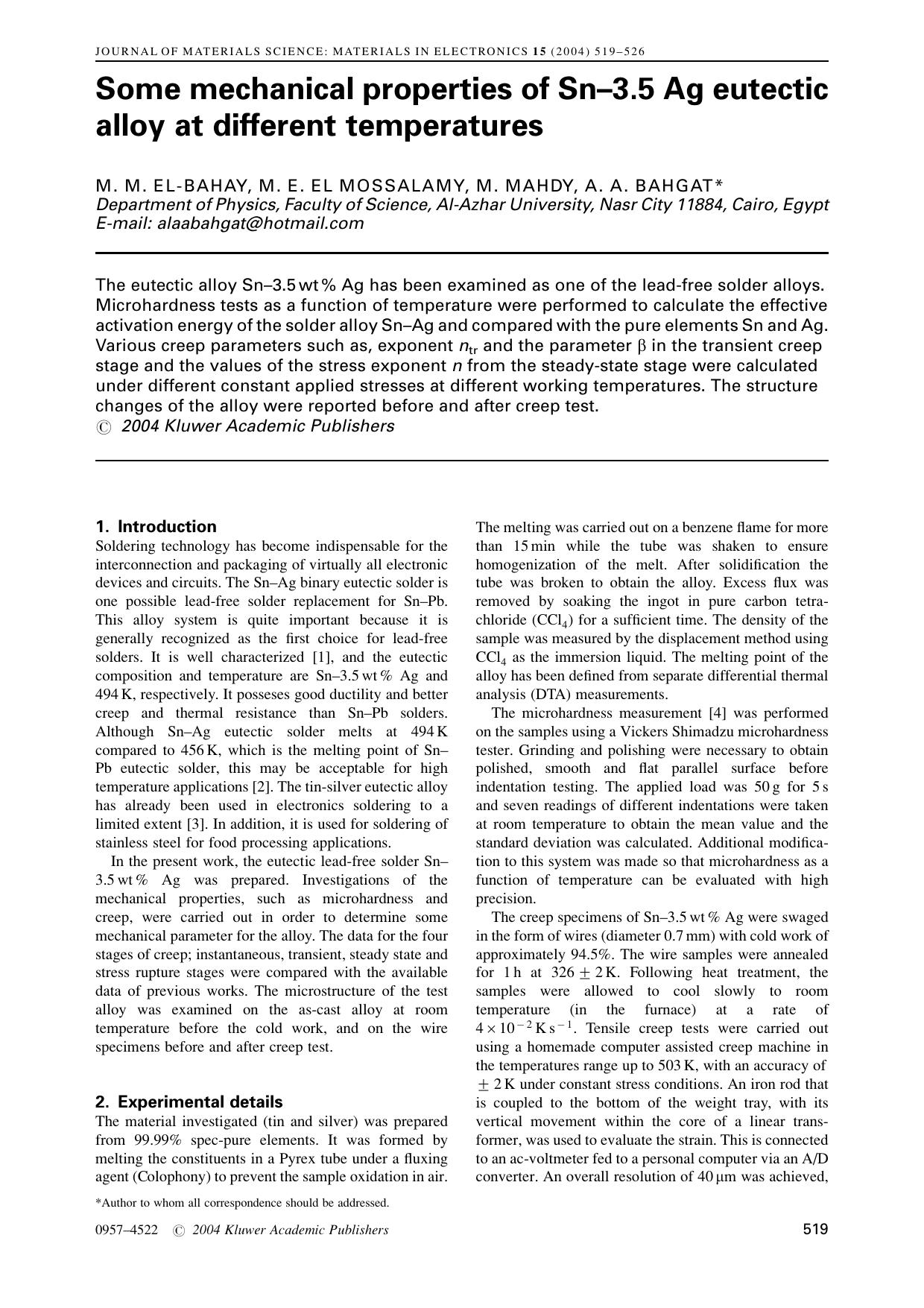 Some mechanical properties of Sn&#x2013;3.5 Ag eutectic alloy at different temperatures by Unknown