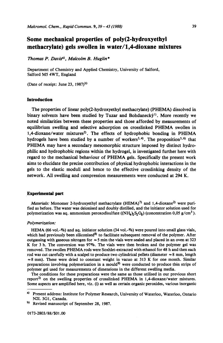 Some mechanical properties of poly(2-hydroxyethyl methacrylate) gels swollen in water1,4-dioxane mixtures by Unknown