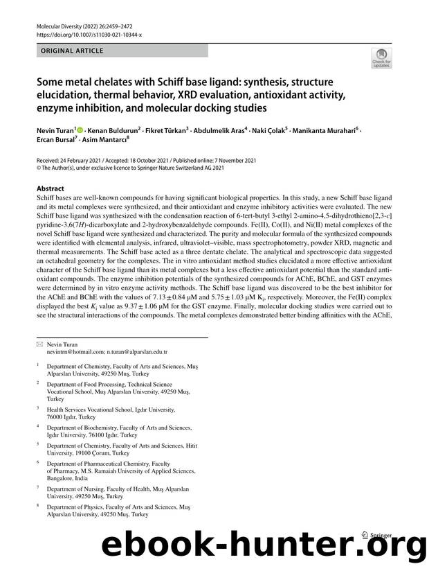 Some metal chelates with Schiff base ligand: synthesis, structure elucidation, thermal behavior, XRD evaluation, antioxidant activity, enzyme inhibition, and molecular docking studies by unknow