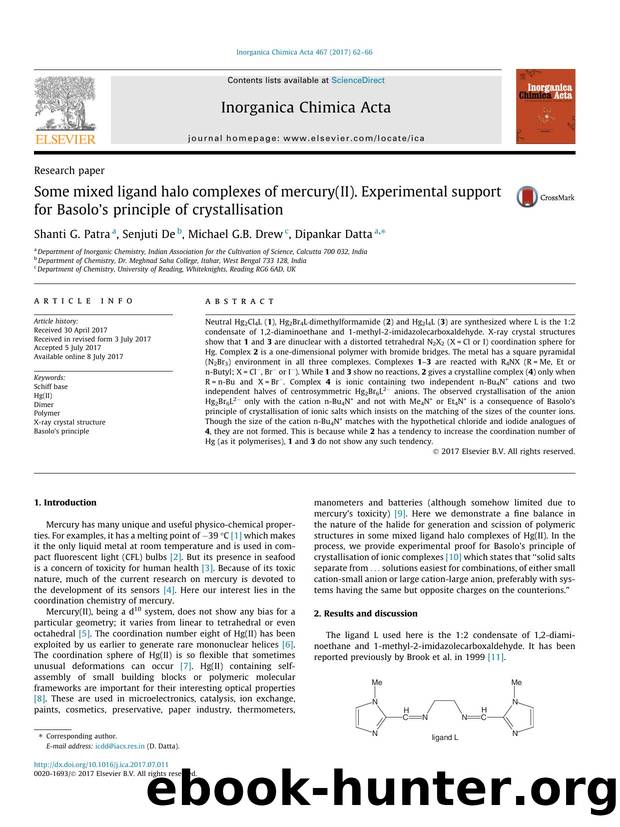 Some mixed ligand halo complexes of mercury(II). Experimental support for BasoloÃ¢â¬â¢s principle of crystallisation by Shanti G. Patra & Senjuti De & Michael G.B. Drew & Dipankar Datta