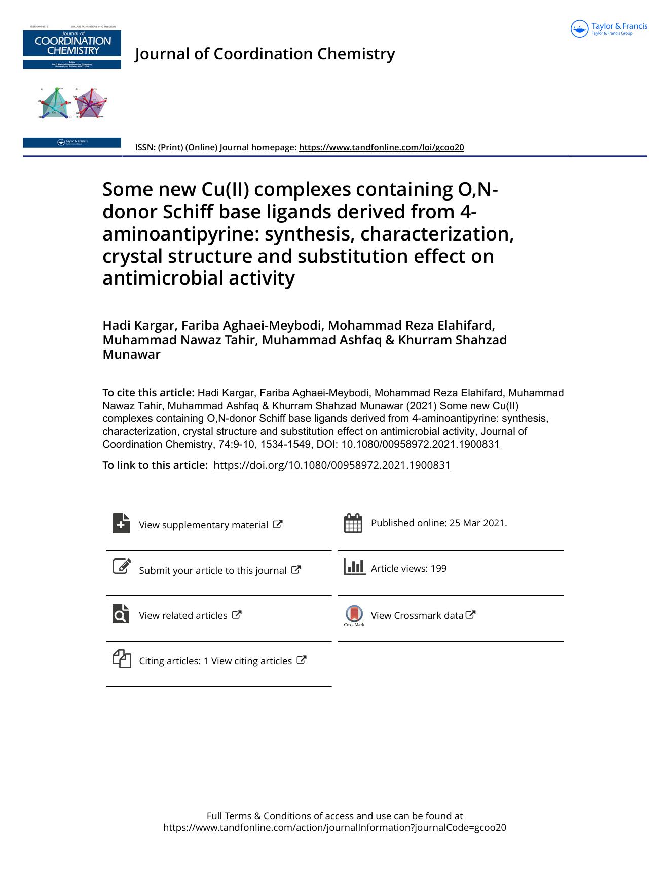 Some new Cu(II) complexes containing O,N-donor Schiff base ligands derived from 4-aminoantipyrine: synthesis, characterization, crystal structure and substitution effect on antimicrobial activity by unknow