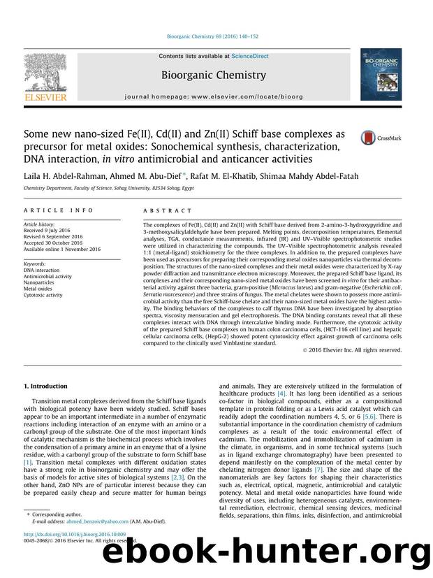 Some new nano-sized Fe(II), Cd(II) and Zn(II) Schiff base complexes as precursor for metal oxides: Sonochemical synthesis, characterization, DNA interaction, in vitro antimicrobial by Laila H. Abdel-Rahman & Ahmed M. Abu-Dief & Rafat M. El-Khatib & Shimaa Mahdy Abdel-Fatah