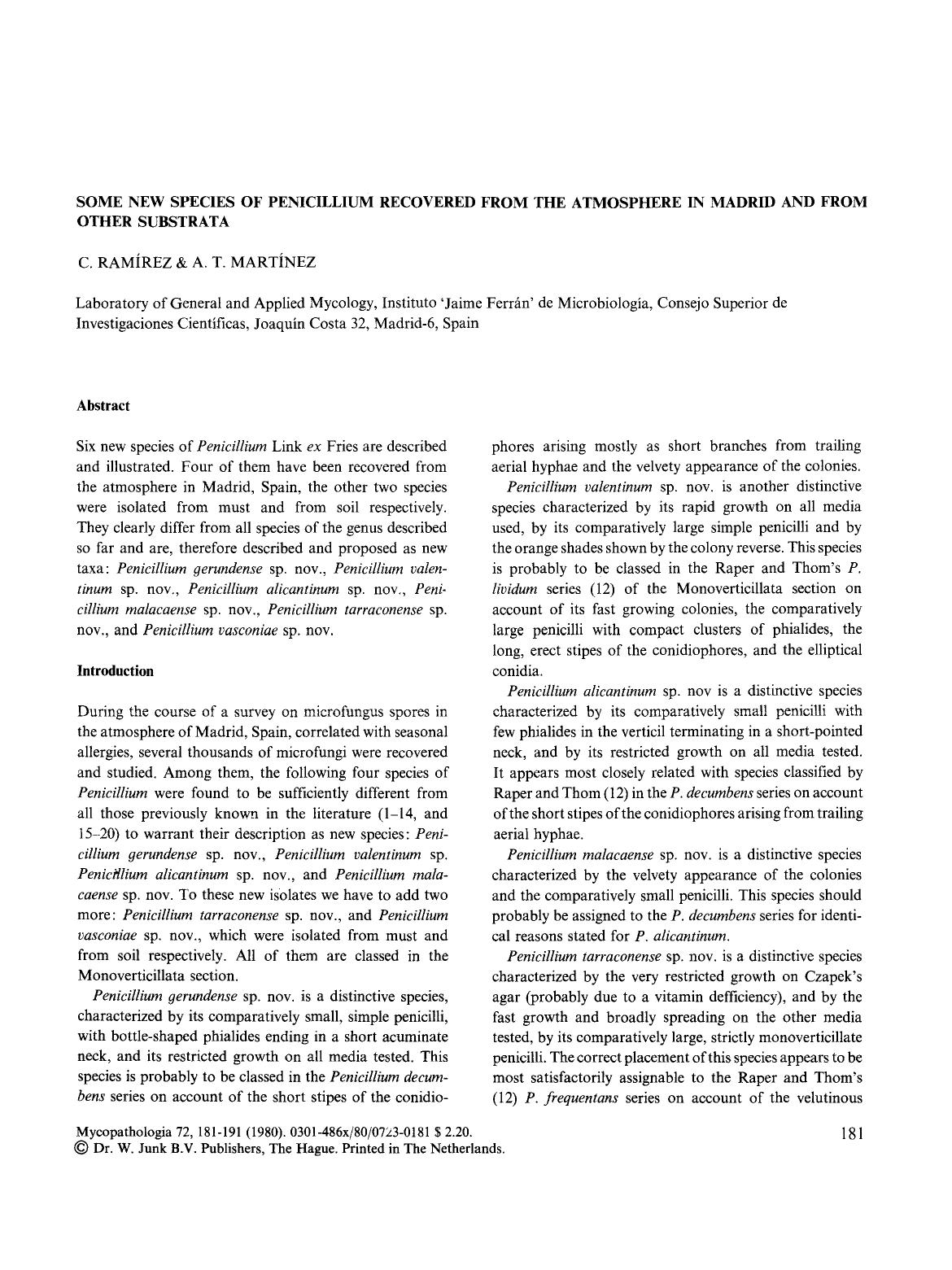 Some new species of Penicillium recovered from the atmosphere in Madrid and from other substrata by Unknown