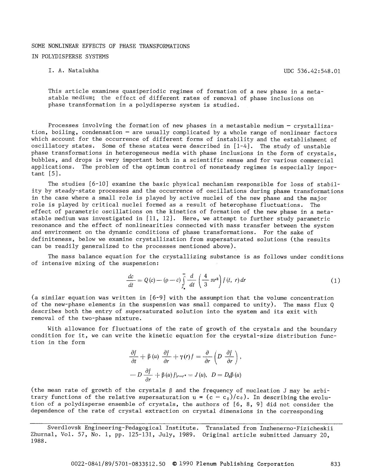 Some nonlinear effects of phase transformations in polydisperse systems by Unknown