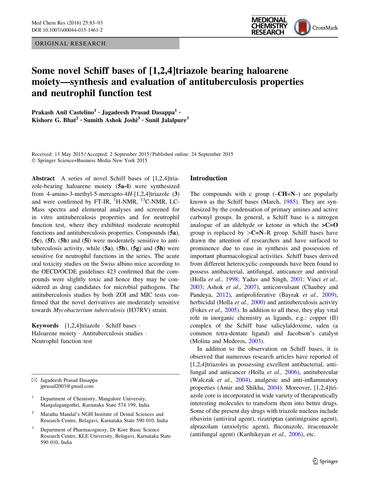 Some novel Schiff bases of [1,2,4]triazole bearing haloarene moietyâsynthesis and evaluation of antituberculosis properties and neutrophil function test by unknow
