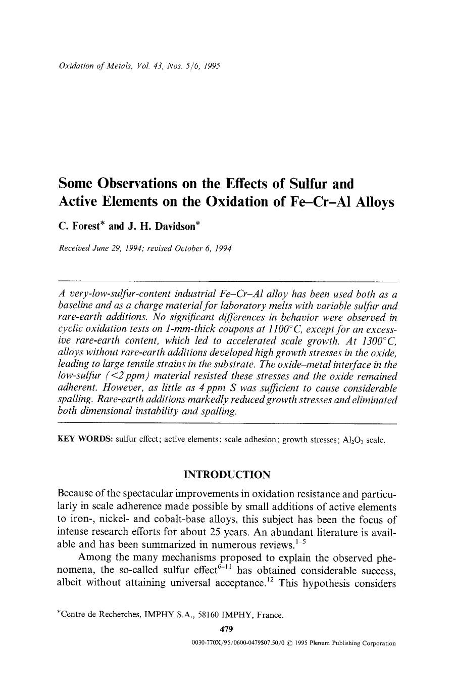 Some observations on the effects of sulfur and active elements on the oxidation of Fe−Cr−Al alloys by Unknown