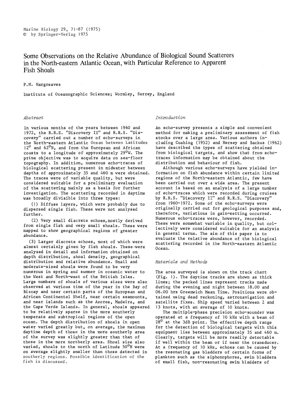 Some observations on the relative abundance of biological sound scatters in the North-eastern Atlantic Ocean, with particular reference to apparent fish shoals by Unknown