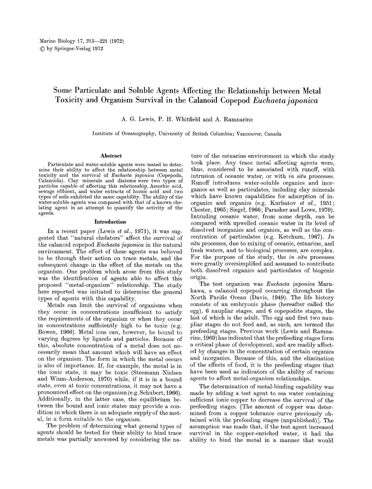Some particulate and soluble agents affecting the relationship between metal toxicity and organism survival in the calanoid copepod <Emphasis Type="Italic">Euchaeta japonica<Emphasis> by Unknown