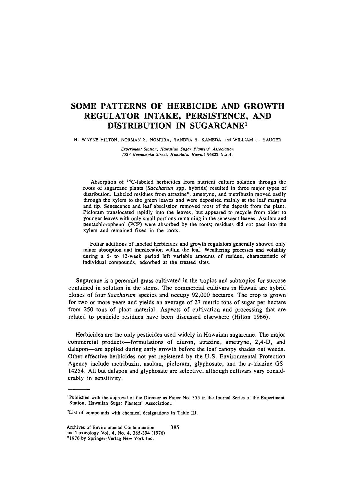 Some patterns of herbicide and growth regulator intake, persistence, and distribution in sugarcane by Unknown