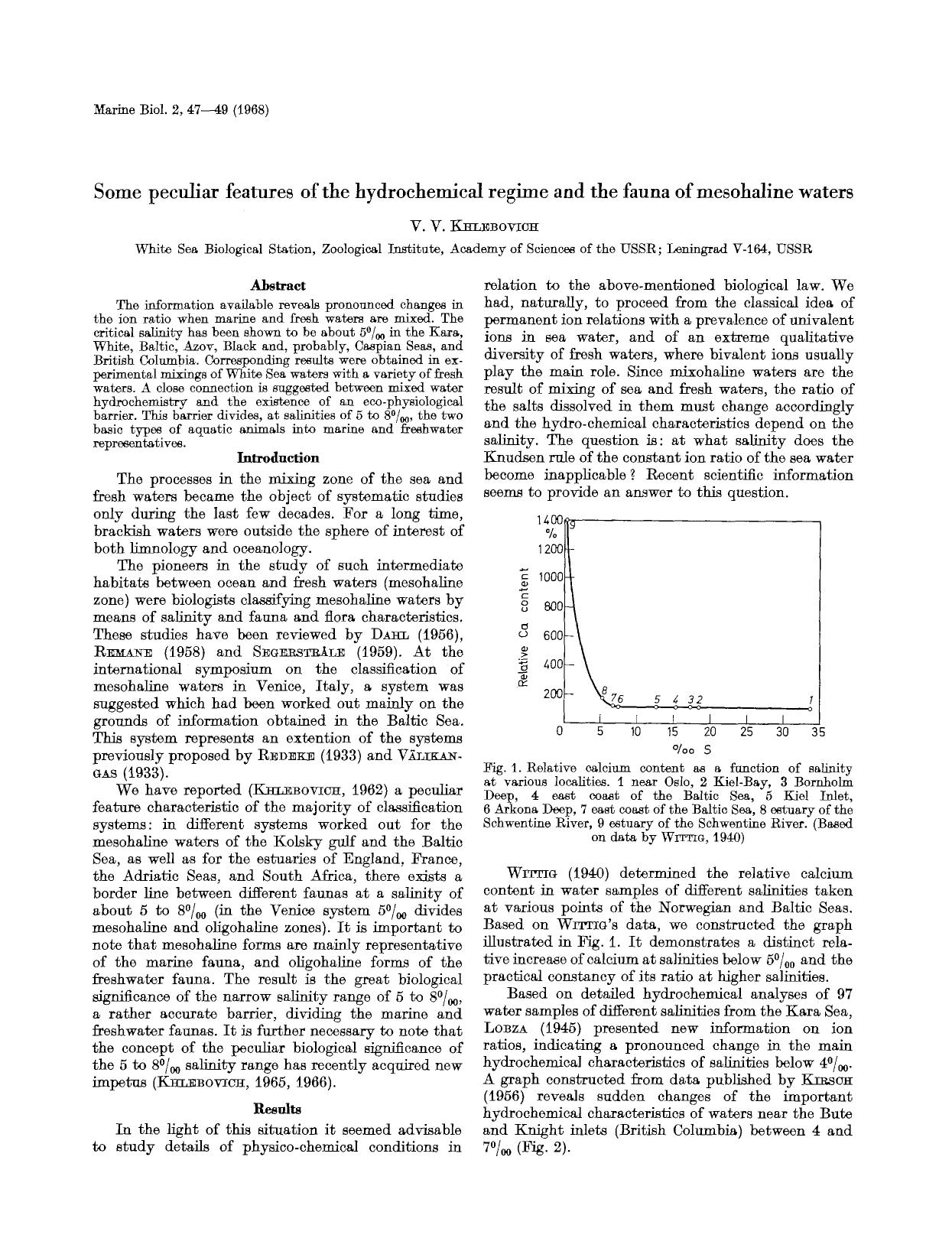 Some peculiar features of the hydrochemical regime and the fauna of mesohaline waters by Unknown
