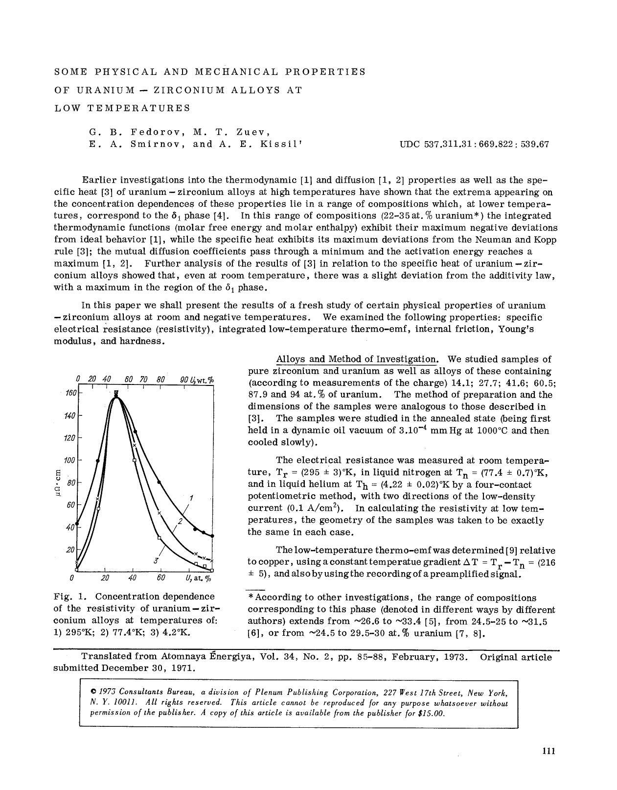 Some physical and mechanical properties of uranium — Zirconium alloys at low temperatures by Unknown