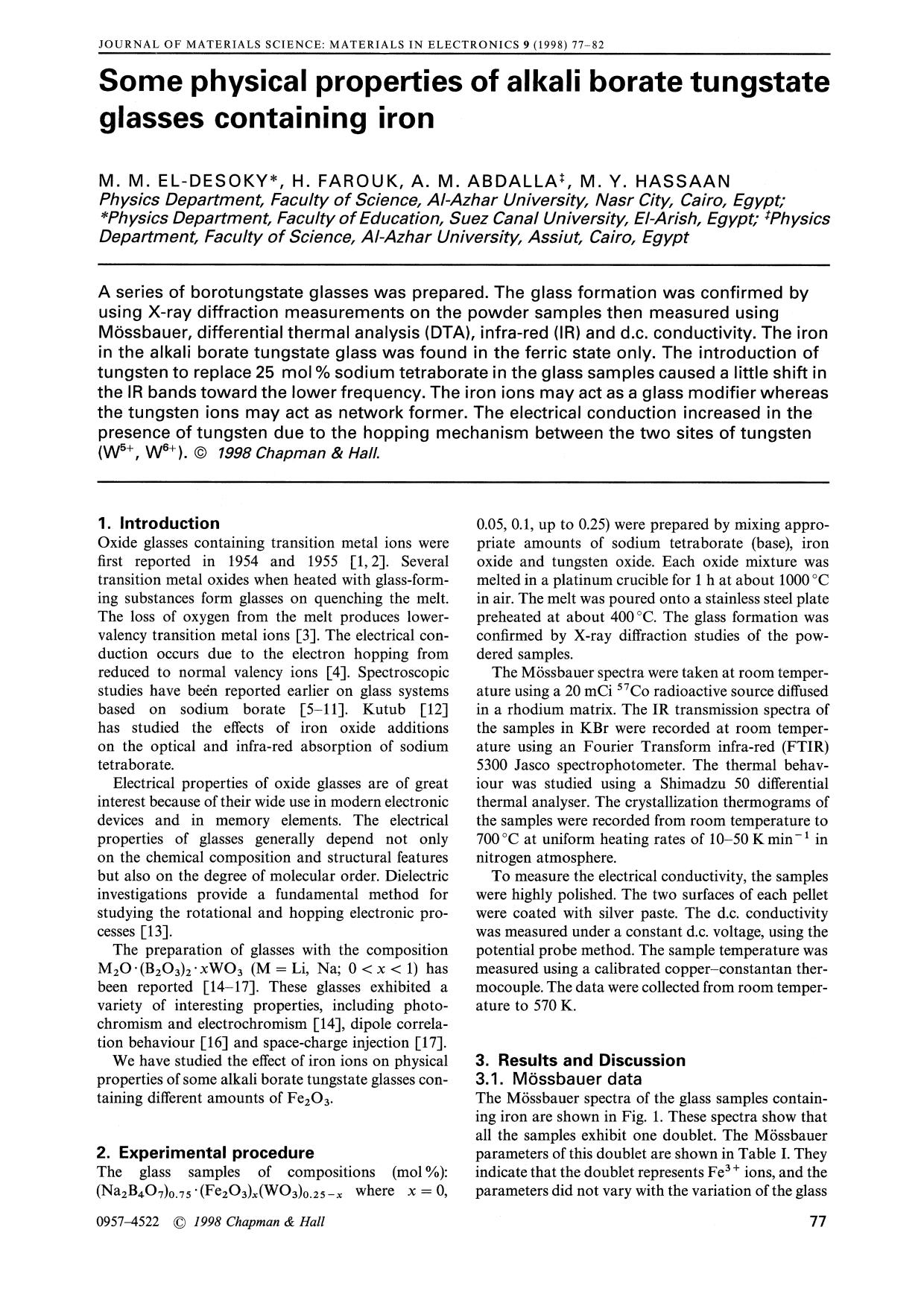 Some physical properties of alkali borate tungstate glasses containing iron by Unknown