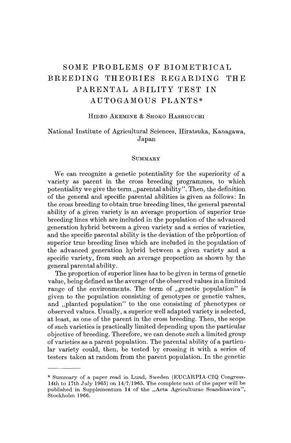Some problems of biometrical breeding theories regarding the parental ability test in autogamous plants by Unknown