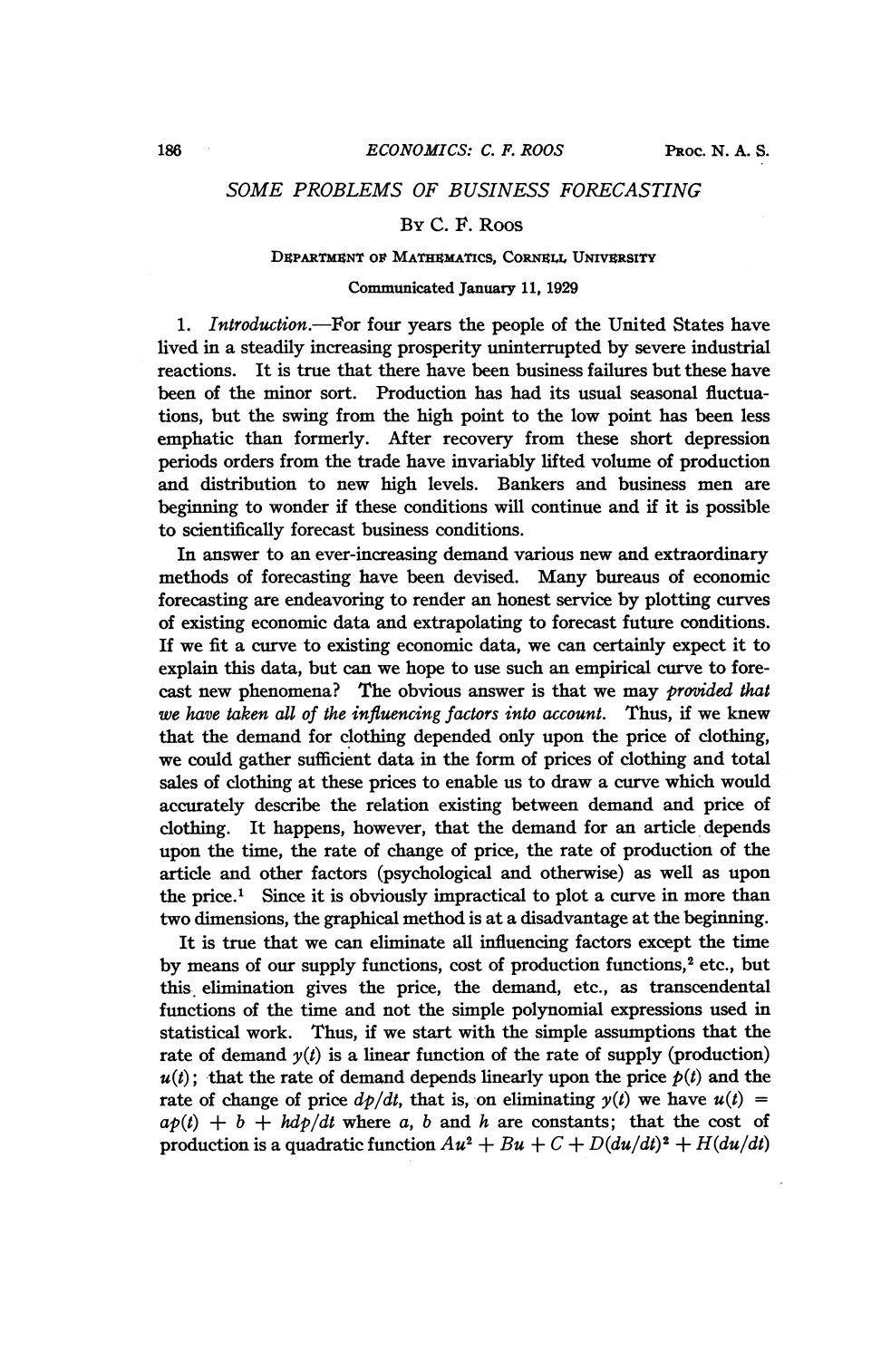 Some problems of business forecasting by Roos C.F
