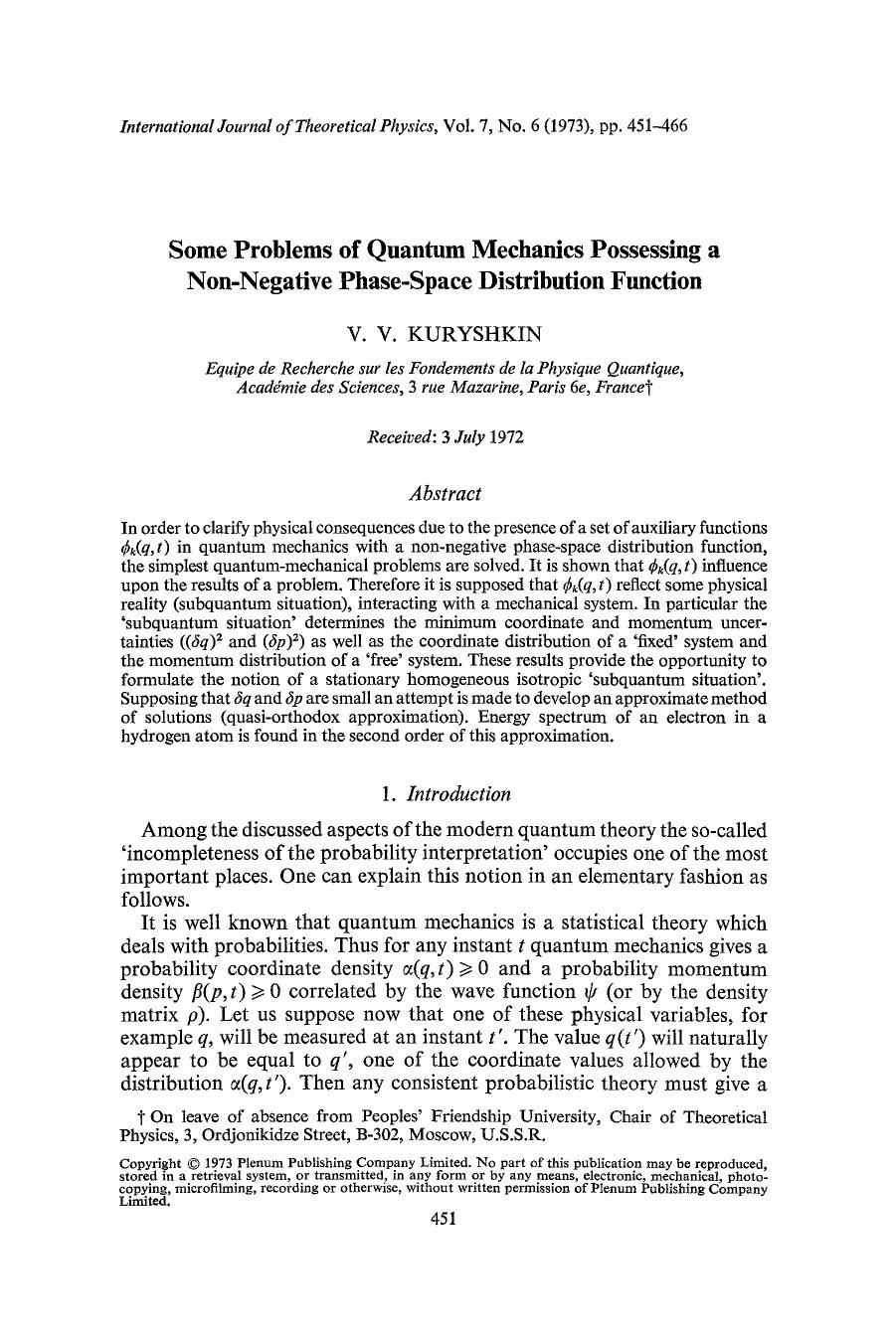 Some problems of quantum mechanics possessing a non-negative phase-space distribution function by Unknown