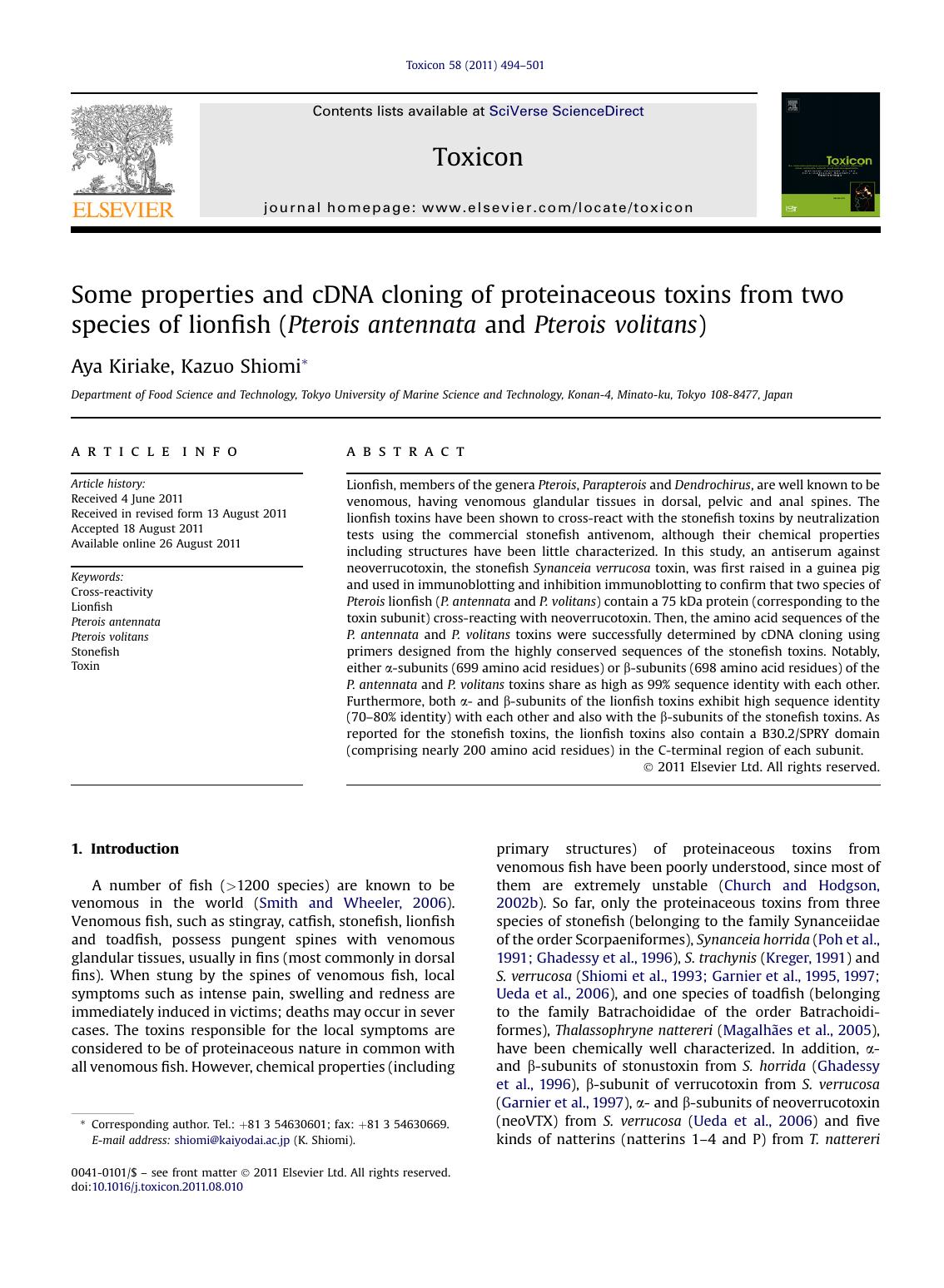 Some properties and cDNA cloning of proteinaceous toxins from two species of lionfish (Pterois antennata and Pterois volitans) by Aya Kiriake & Kazuo Shiomi