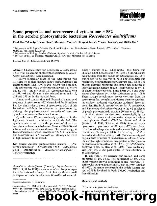 Some properties and occurrence of cytochrome <Emphasis Type="Italic">c<Emphasis>-552 in the aerobic photosynthetic bacterium <Emphasis Type="Italic">Roseobacter denitrificans<Emphasis> by Unknown