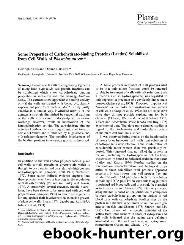 Some properties of carbohydrate-binding proteins (lectins) solubilized from cell walls of <Emphasis Type="Italic">Phaseolus aureus<Emphasis> by Unknown