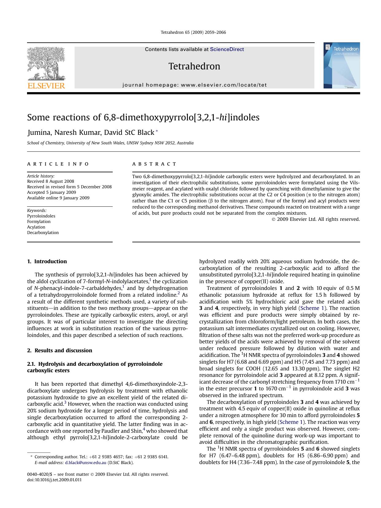 Some reactions of 6,8-dimethoxypyrrolo[3,2,1-hi]indoles by Jumina; Naresh Kumar; David StC Black