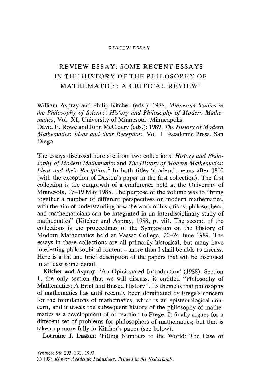 Some recent essays in the history of the philosophy of mathematics: A critical review by Unknown