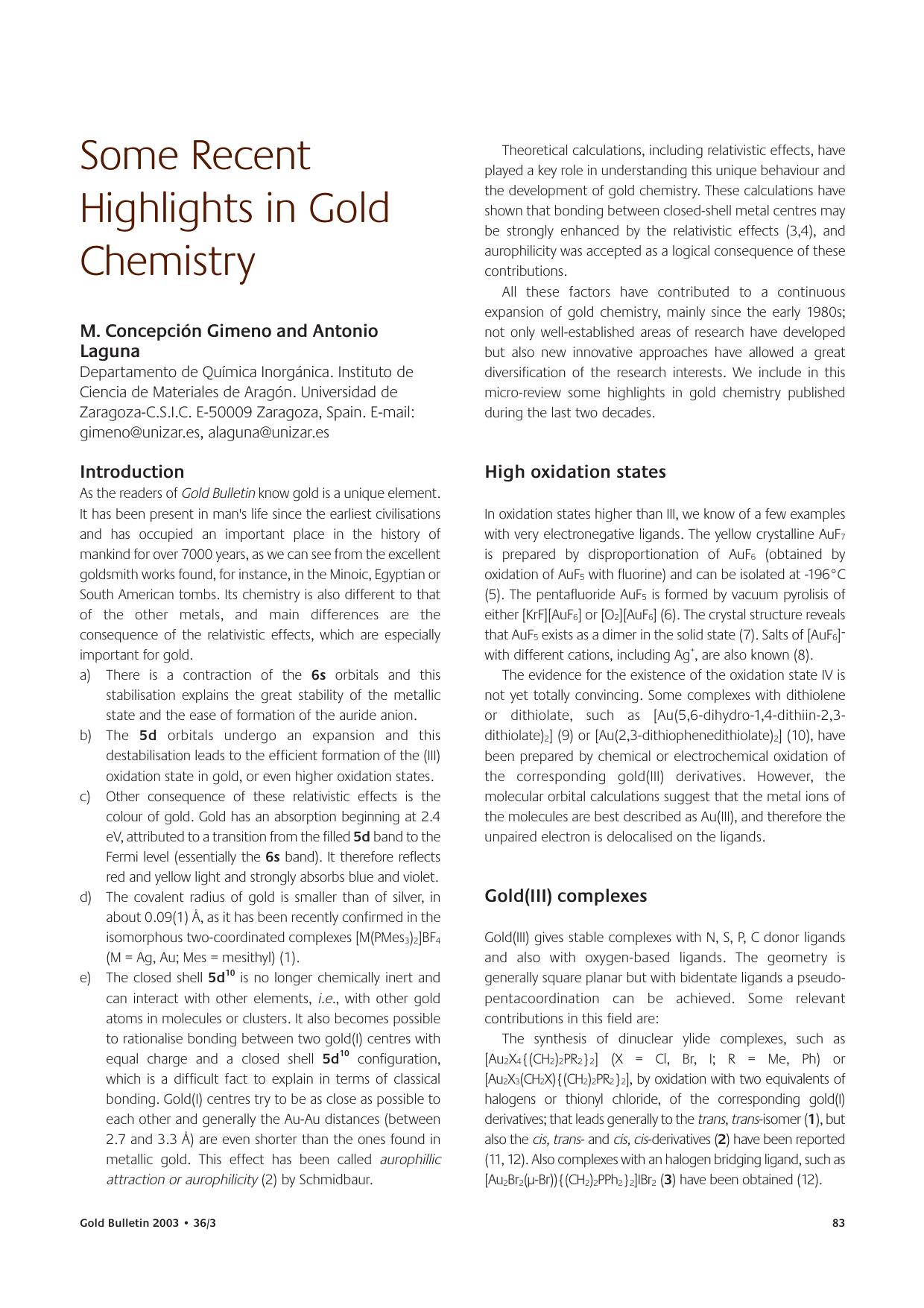 Some recent highlights in gold chemistry by Unknown
