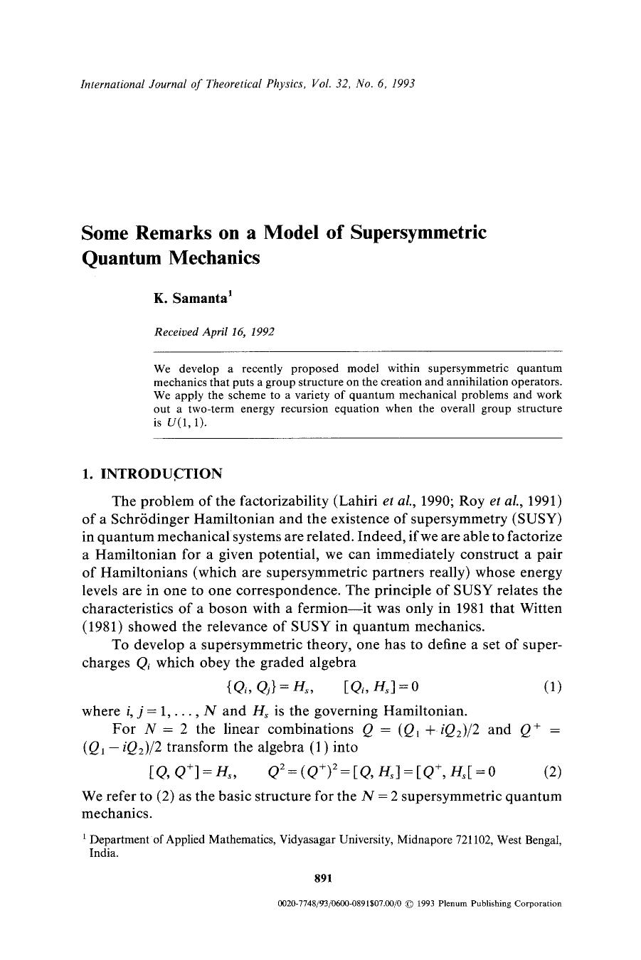 Some remarks on a model of supersymmetric quantum mechanics by Unknown