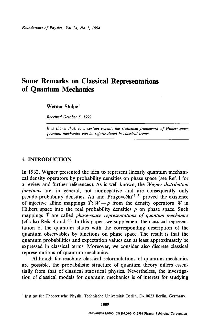 Some remarks on classical representations of quantum mechanics by Unknown