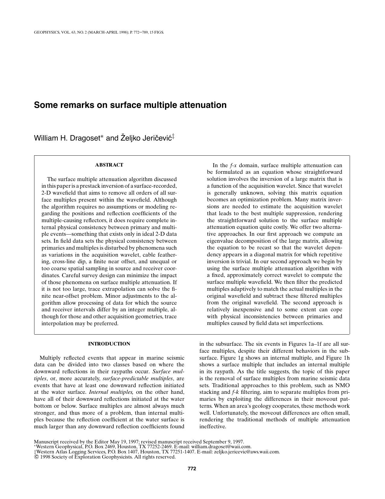 Some remarks on surface multiple attenuation by W. H. Dragoset Z. Jericevic