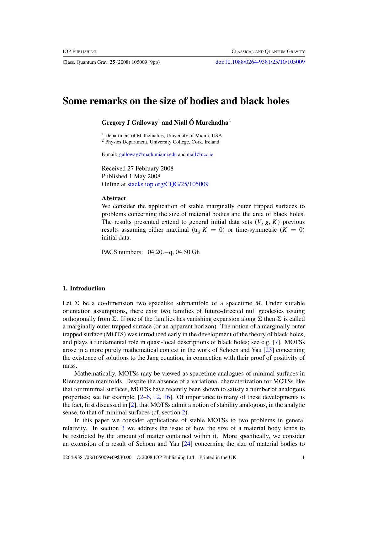 Some remarks on the size of bodies and black holes by G J Galloway and N Ó Murchadha