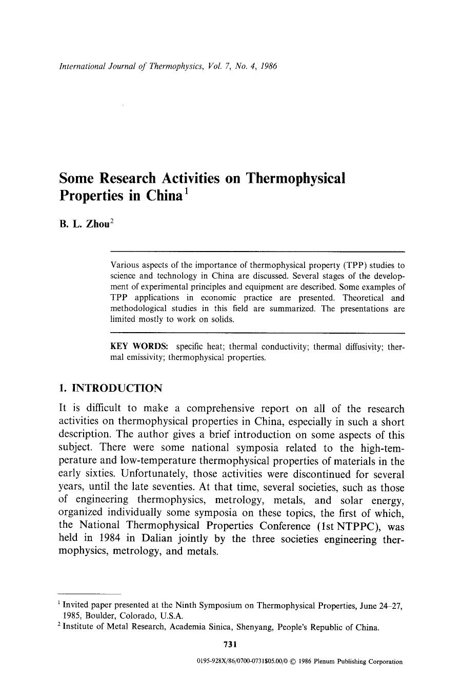 Some research activities on thermophysical properties in China by Unknown