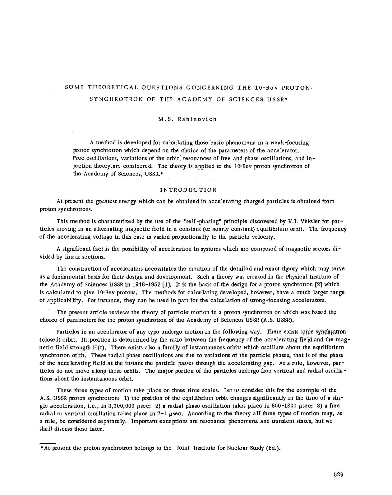 Some theoretical questions concerning the 10-Bev proton synchrotron of the Academy of Sciences USSR by Unknown