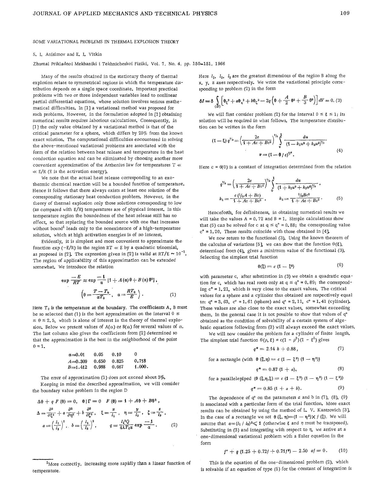 Some variational problems in thermal explosion theory by Unknown