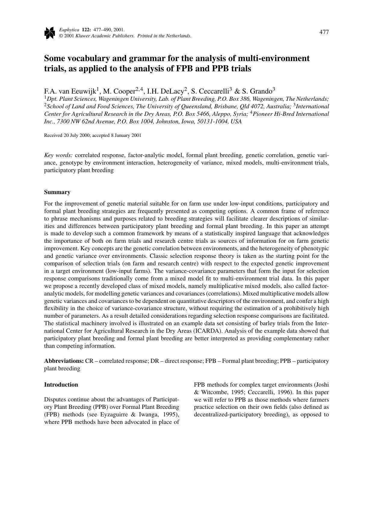 Some vocabulary and grammar for the analysis of multi-environment trials, as applied to the analysis of FPB and PPB trials by Unknown