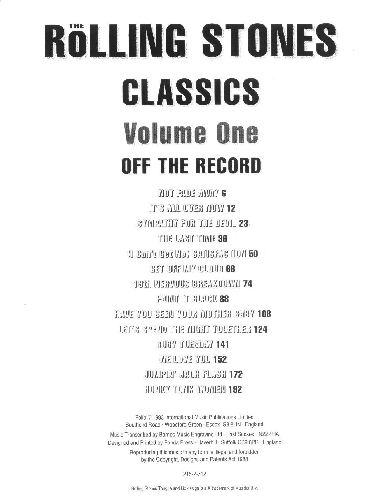 Songbook - The Rolling Stones Classics by Volume One- Off The Record