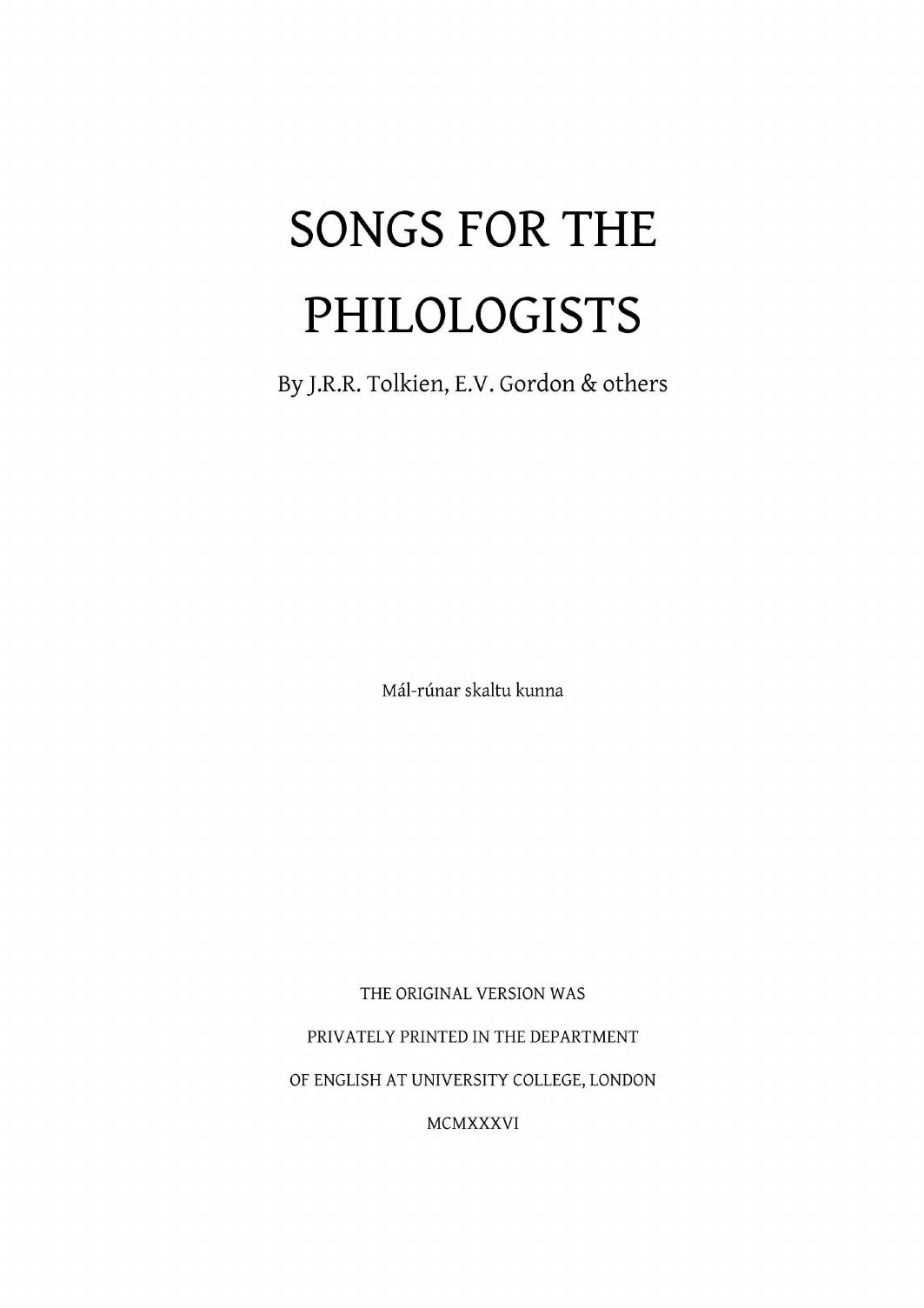 Songs for the Philologists by J.R.R. Tolkien & E.V. Gordon