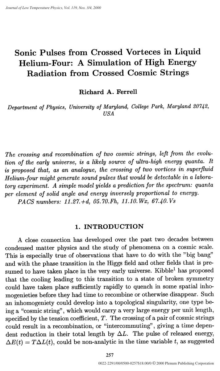 Sonic Pulses from Crossed Vorteces in Liquid Helium-Four: A Simulation of High Energy Radiation from Crossed Cosmic Strings by Unknown