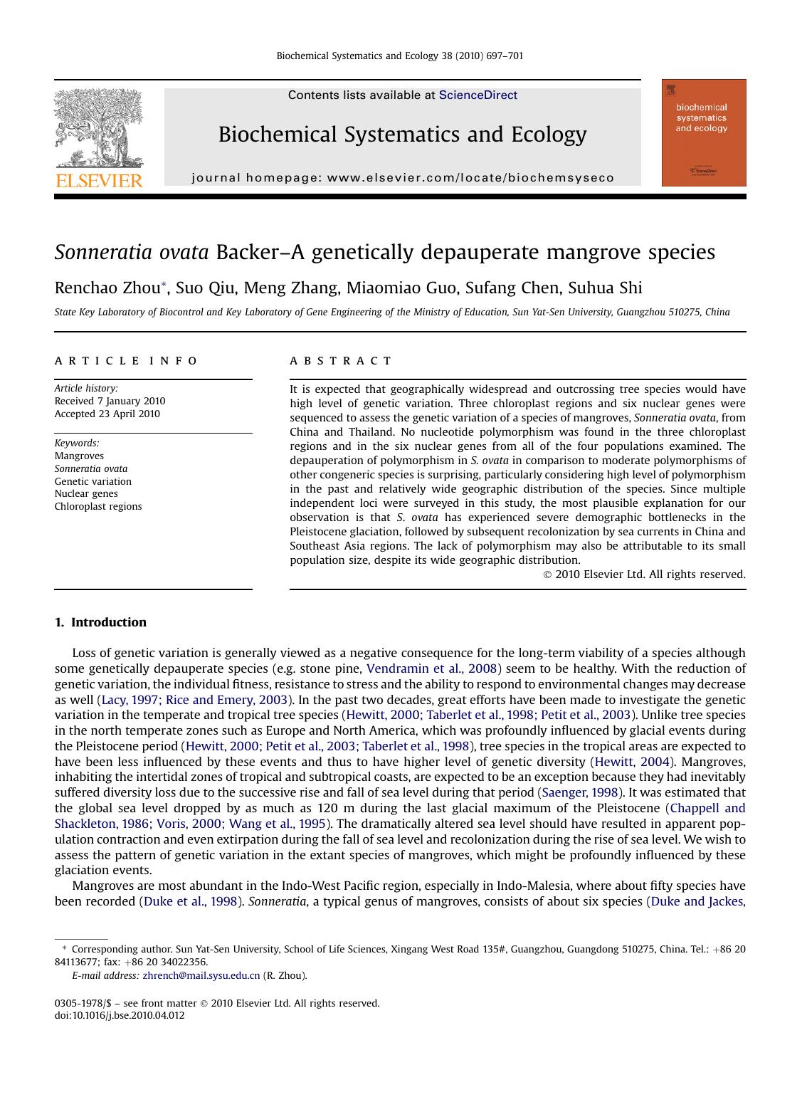 Sonneratia ovata Backer-A genetically depauperate mangrove species by Renchao Zhou & Suo Qiu & Meng Zhang & Miaomiao Guo & Sufang Chen & Suhua Shi