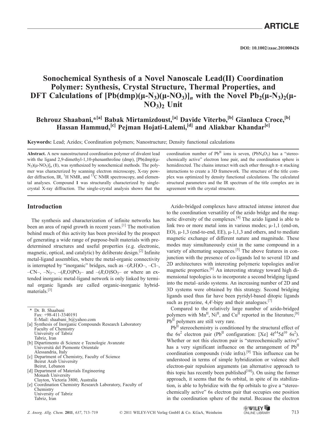 Sonochemical Synthesis of a Novel Nanoscale Lead(II) Coordination Polymer: Synthesis, Crystal Structure, Thermal Properties, and DFT Calculations of [Pb(dmp)(N3)(NO3)]n with the No by Unknown