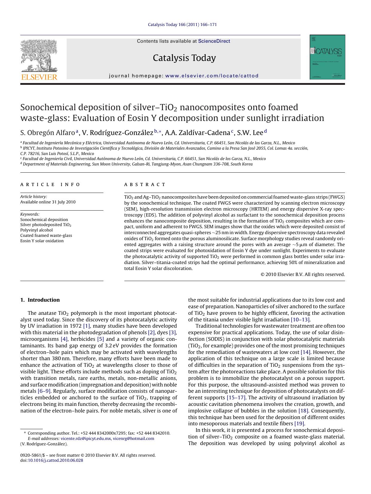 Sonochemical deposition of silverÃ¢â¬âTiO2 nanocomposites onto foamed waste-glass: Evaluation of Eosin Y decomposition under sunlight irradiation by S. ObregÃ³n Alfaro