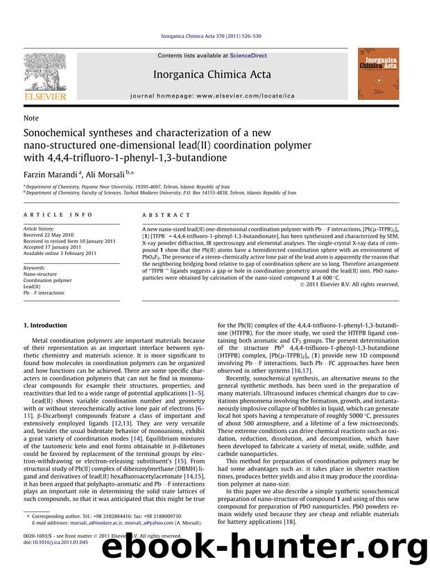 Sonochemical syntheses and characterization of a new nano-structured one-dimensional lead(II) coordination polymer with 4,4,4-trifluoro-1-phenyl-1,3-butandione by Farzin Marandi & Ali Morsali