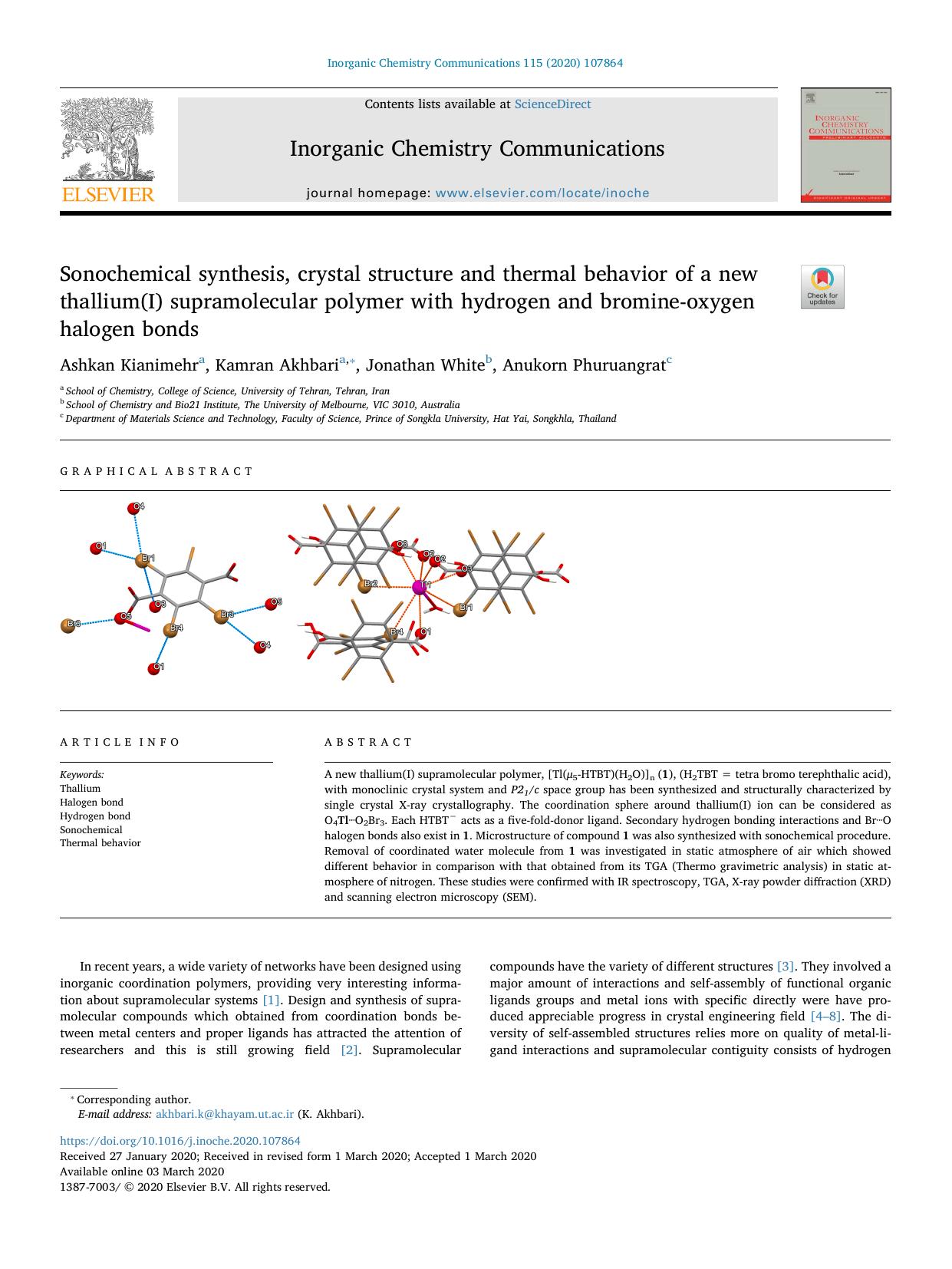 Sonochemical synthesis, crystal structure and thermal behavior of a new thallium(I) supramolecular polymer with hydrogen and bromine-oxygen halogen bonds by Ashkan Kianimehr & Kamran Akhbari & Jonathan White & Anukorn Phuruangrat