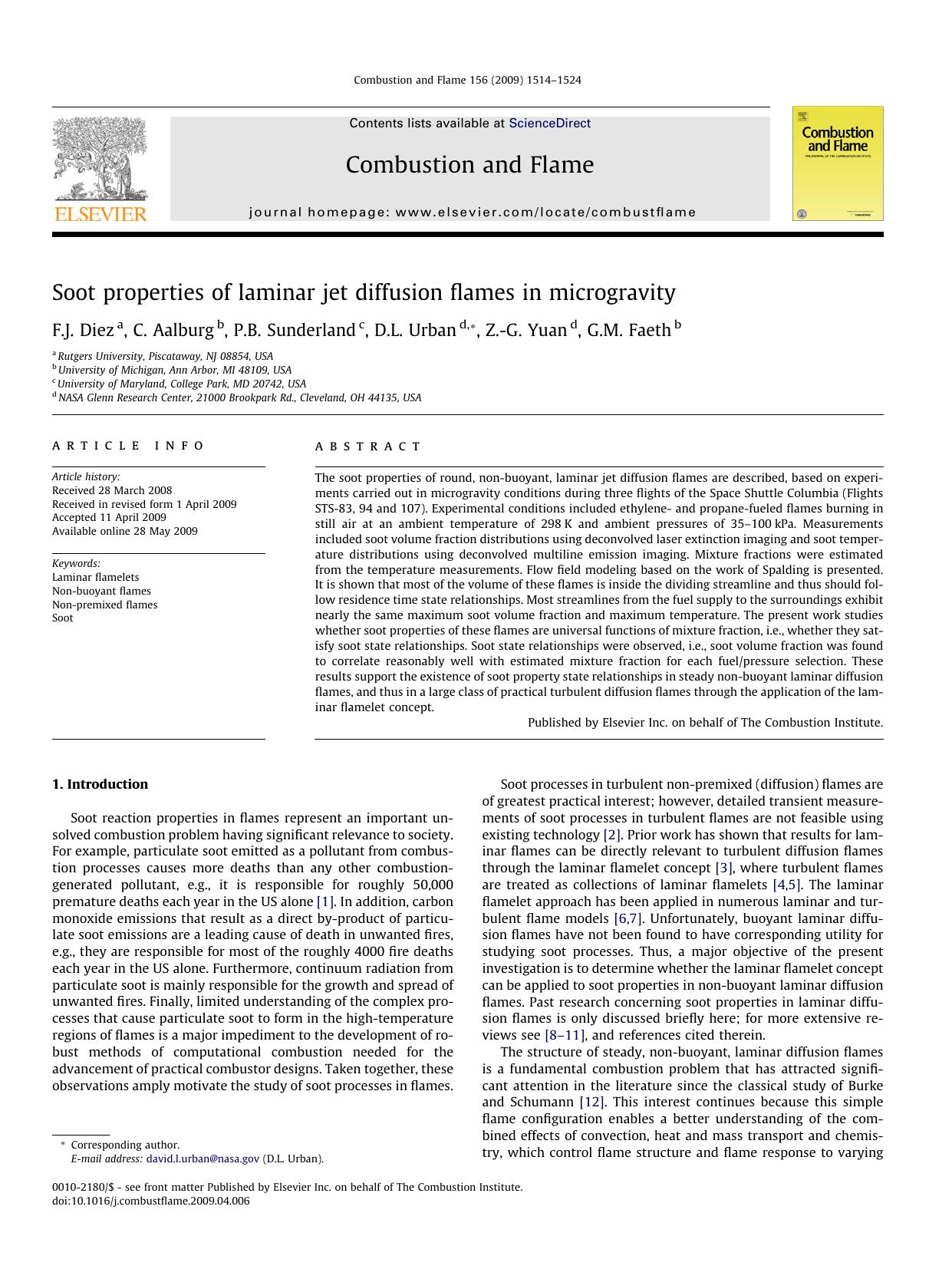 Soot properties of laminar jet diffusion flames in microgravity by F.J. Diez; C. Aalburg; P.B. Sunderland; D.L. Urban; Z.-G. Yuan; G.M. Faeth