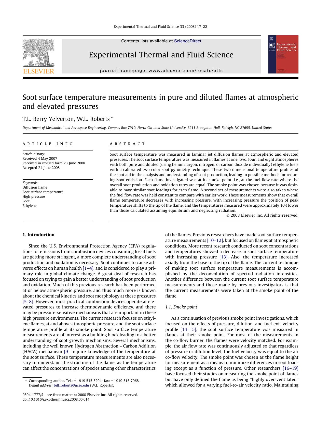 Soot surface temperature measurements in pure and diluted flames at atmospheric and elevated pressures by T.L. Berry Yelverton; W.L. Roberts