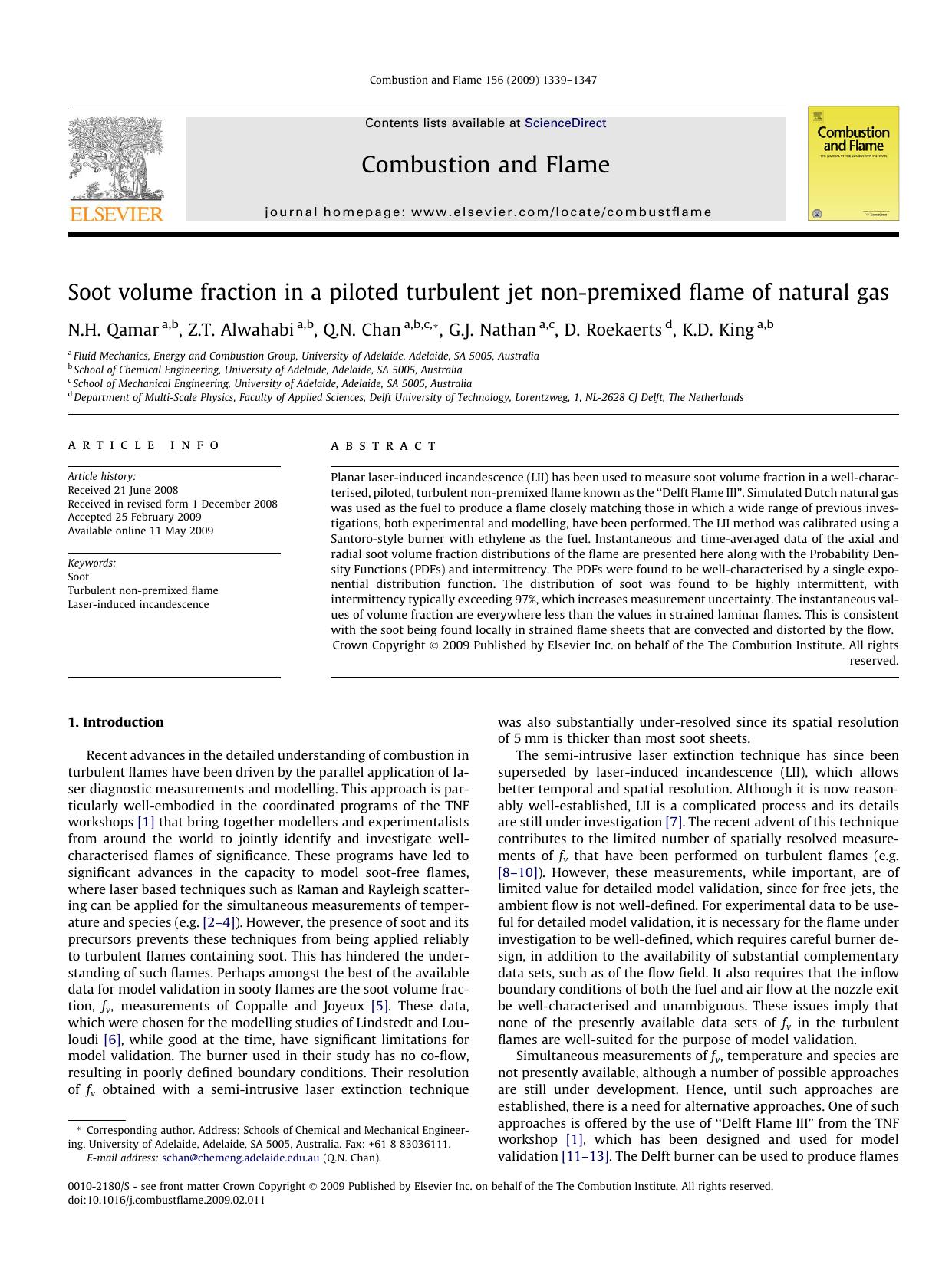 Soot volume fraction in a piloted turbulent jet non-premixed flame of natural gas by N.H. Qamar; Z.T. Alwahabi; Q.N. Chan; G.J. Nathan; D. Roekaerts; K.D. King