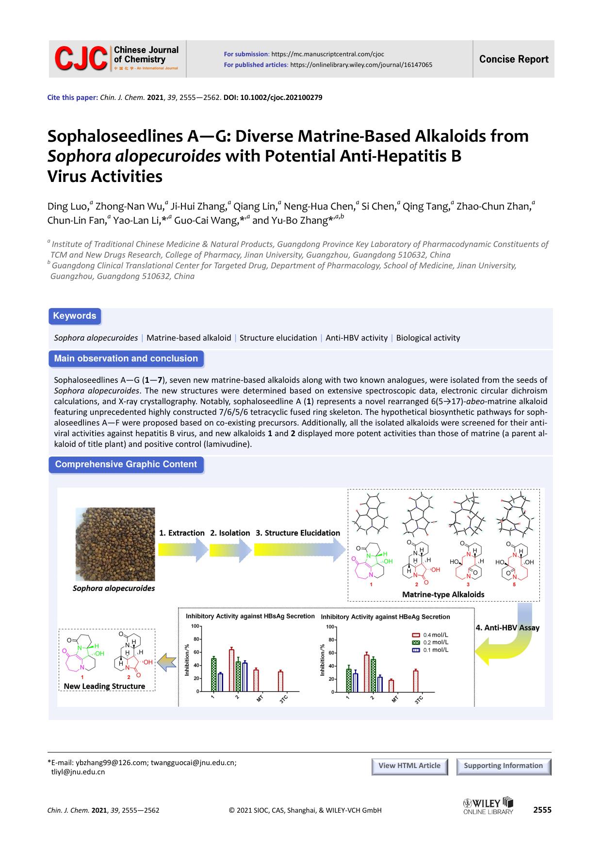 Sophaloseedlines AâG: Diverse Matrine-Based Alkaloids from Sophora alopecuroides with Potential Anti-Hepatitis B Virus Ac-tivities by unknown
