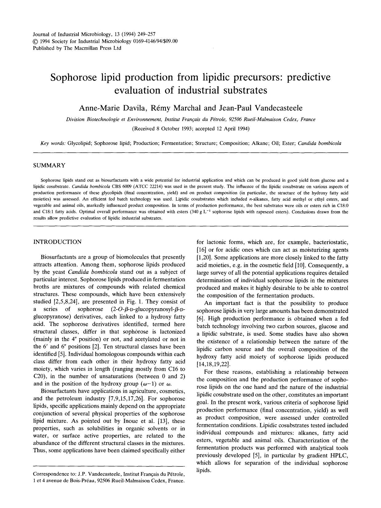 Sophorose lipid production from lipidic precursors: Predictive evaluation of industrial substrates by Unknown