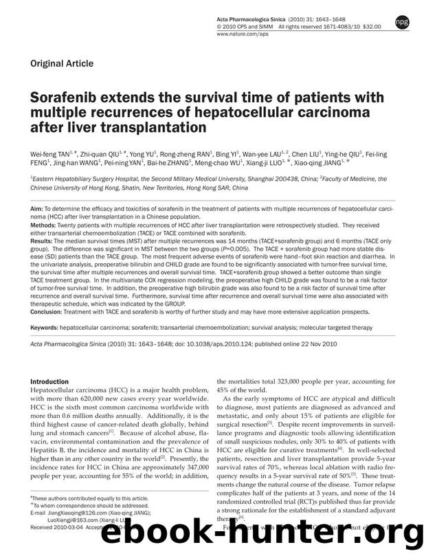 Sorafenib extends the survival time of patients with multiple recurrences of hepatocellular carcinoma after liver transplantation by unknow